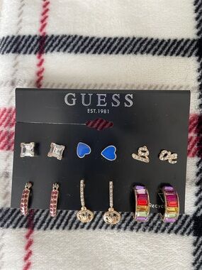 GUESS Gold-Tone Earring Set with Blue Hearts and Rainbow Stones